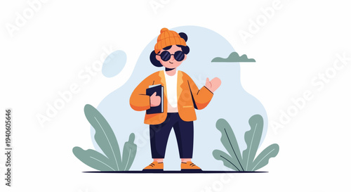 Stylized figure in orange jacket and beanie holding a book, with plants and abstract shapes