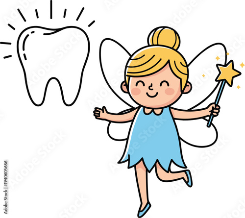 Cute tooth fairy with magic wand and shining tooth cartoon illustration for children dental care concept isolated on white background