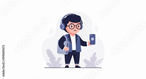 A person wearing headphones and glasses holds a phone and a bag, with abstract shapes