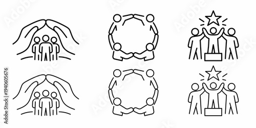 Community Support and Care Stroke Icon Collection. Containing Teamwork, Protection, Unity, Helping Hands, Celebration and People Support Icons.