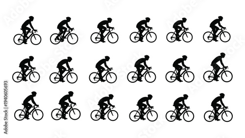 A group of people riding bicycles in different positions