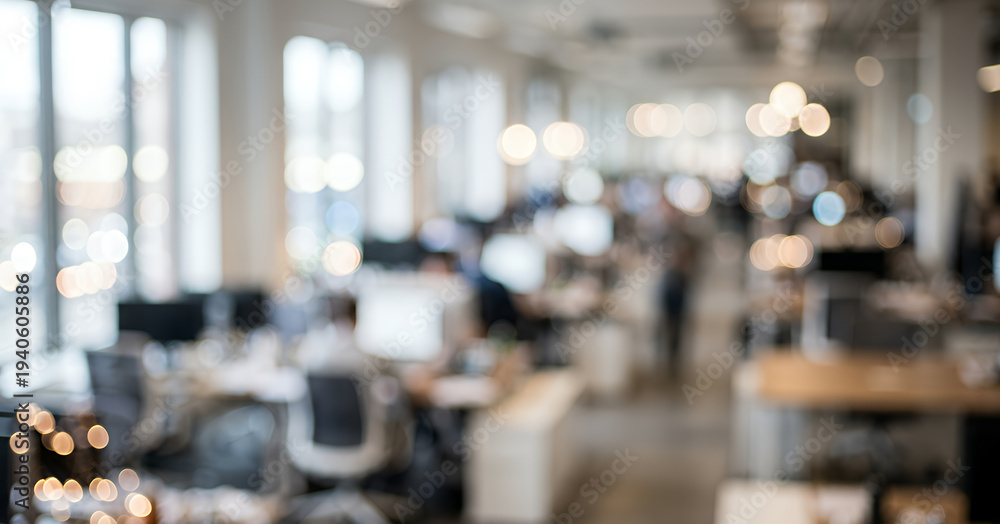 Obraz premium Blurred open office workspace filled with desks, computers, and soft glowing pendant lights while silhouettes of employees move through a modern collaborative environment with shallow depth of field.