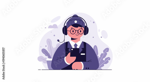 Stylized person with headset and phone, surrounded by abstract plants and shapes