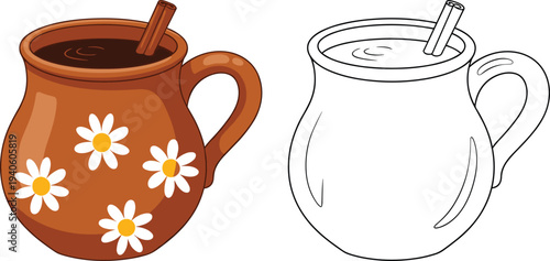 Hot drink mug with cinnamon stick illustration and outline version cozy beverage cup with floral design isolated on white background