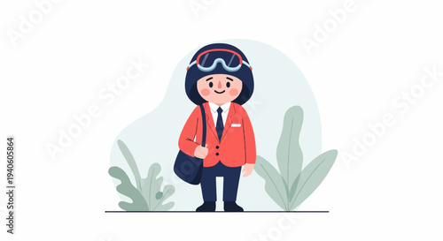 Animated aviator character in a suit and goggles, carrying a bag