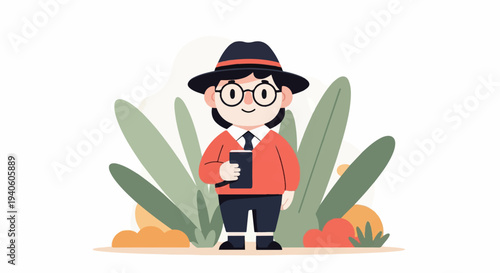 A person in a hat and glasses holds a book, surrounded by abstract plant shapes and colors