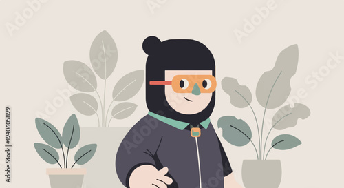 Stylized character in a wetsuit with goggles, surrounded by potted plants