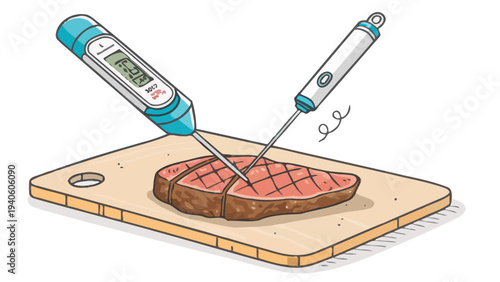 Checking steak doneness with digital thermometer on cutting board