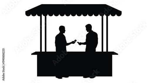 Two men shaking hands at a market stall