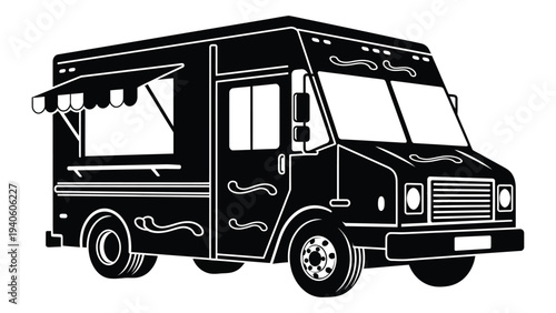 A black food truck with a large serving window