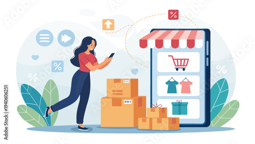 Woman shopping online with smartphone and packages