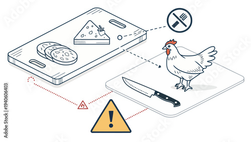 Cross contamination warning for food preparation with chicken and knife