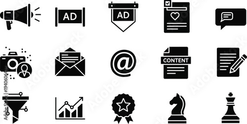 Collection of black and white digital marketing and strategy icons
