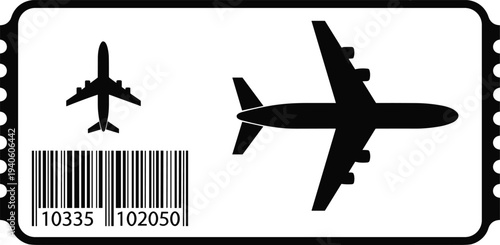Airline boarding ticket with airplane silhouette and barcode illustration isolated on white background for flight travel concept, aviation pass design, and airport entry