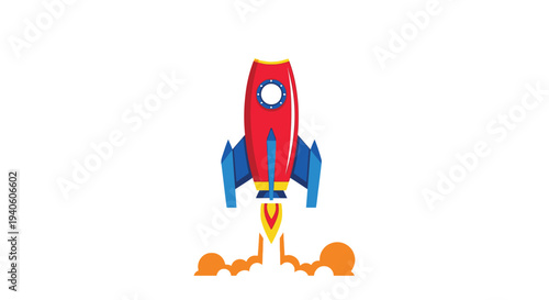 Vibrant cartoon rocket ship launching into the sky with flames
