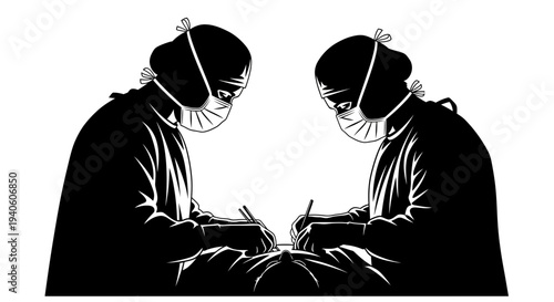Two surgeons performing a surgical operation in a sterile environment.