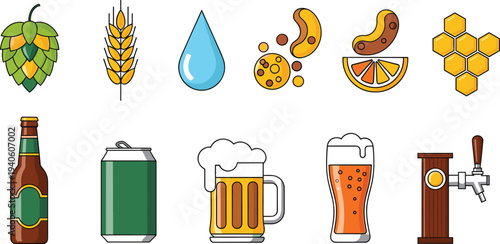 Beer brewing ingredients and drink icons set with hops, barley, honey, citrus and beer glasses illustration isolated on white background for brewery design