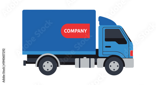 Blue delivery truck with company logo on side panel