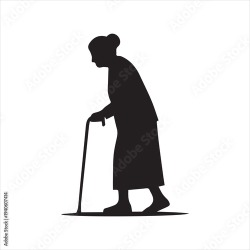 Elderly woman walking with cane silhouette in black and white