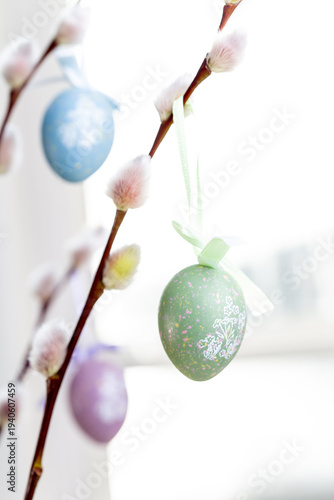 Traditional Swedish Easter tree with decorated eggs, spring holiday celebration