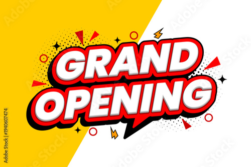 Grand opening text label for sales promotion. Sales promotion label sticker design. Vector illustration