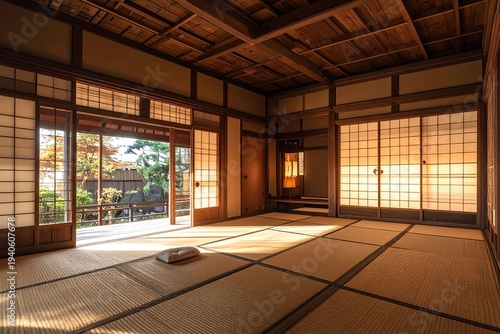 Interior of Traditional Japanese Minka House with Tatami Room