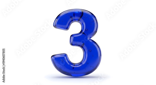 3D blue metallic number three isolated on white background glossy reflection