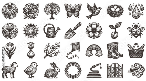 Hand drawn rustic spring garden nature icon pack featuring animals tools plants weather elements for seasonal outdoor design projects bundle