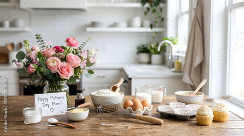 Mother's Day Baking Essentials on a Wooden Kitchen Countertop
