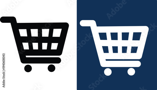 Shopping cart icons in black and white on white and blue backgrounds for ecommerce and retail concepts