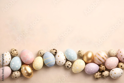 A collection of colorful Easter eggs on a light background