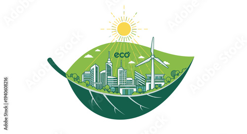 Eco-friendly cityscape with renewable energy sources and green spaces.