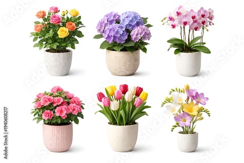A collection of colorful flowers in various pots on a white background