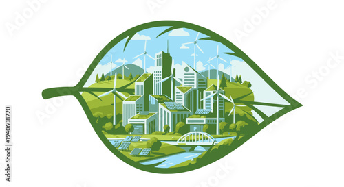 Sustainable cityscape with renewable energy sources and green infrastructure.