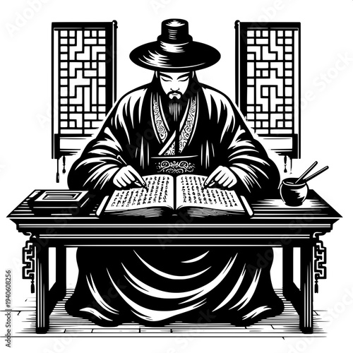 Chinese Scholar Studying Ancient Books