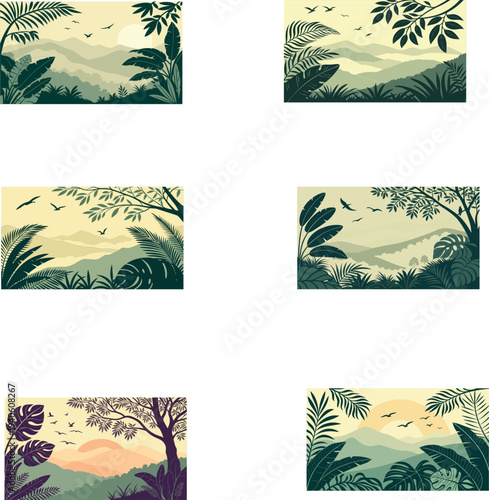 Tropical Mountain Landscape with Exotic Jungle Foliage and Flying Birds