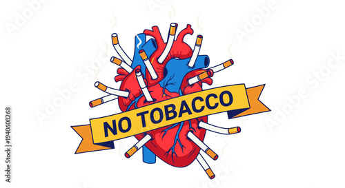 Anti-tobacco illustration with heart and cigarettes symbolizing health risks.