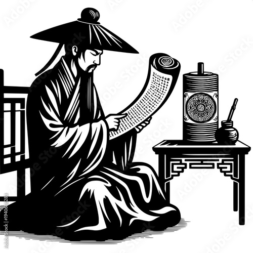 Chinese Scholar Studying Ancient Books