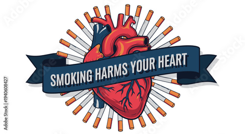 Illustration of a heart with cigarettes warning about smoking dangers.