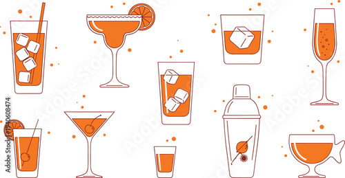 Cocktail drink icons set with margarita, martini, whiskey and champagne glasses illustration isolated on white background for bar menu, party, and beverage design
