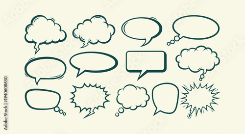 Set of hand drawn comic speech bubbles and thought clouds in retro style for communication design