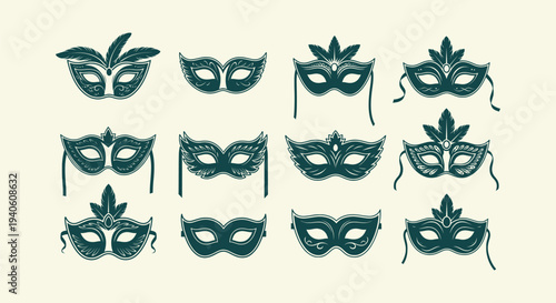 Set of Elegant Masquerade Masks Silhouettes for Carnival Mardi Gras Party Design Elements Collection