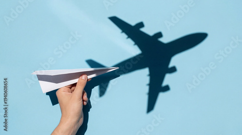 Hand holds a white paper airplane casting a shadow of a large airplane symbolizing the start of a journey from a small idea