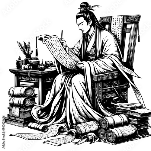 Chinese Scholar Studying Ancient Books
