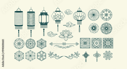 Asian Traditional Design Elements Set with Chinese Lanterns Lotus Clouds and Geometric Patterns