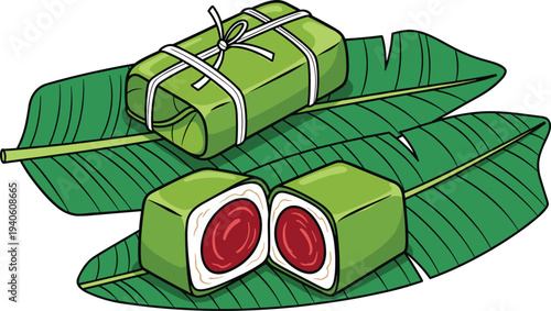 Traditional Vietnamese banh tet sticky rice cake wrapped in banana leaves illustration isolated on white background for Asian cuisine, festival food, and cultural design