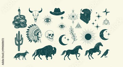 Vintage Western and Mystical Illustration Set with Buffalo Horse Skull Moon and Native American