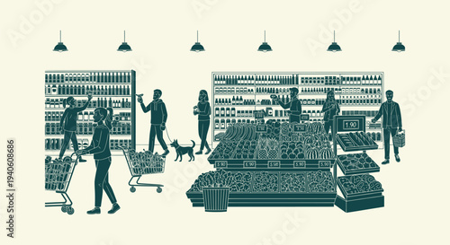 Monochrome supermarket interior illustration featuring people shopping for groceries with push carts