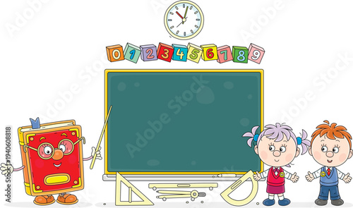 Cartoony textbook character pointing to a blackboard and asking an answer to a problem from little schoolchildren during a lesson in primary school, vector cartoon illustration on white