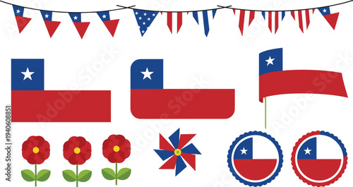 Chile national symbols set with flag banners, patriotic decorations, flowers and badges illustration isolated on white background for independence celebration and cultural design